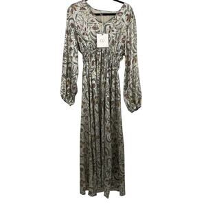 Q2 Maxi Dress Womens size Large Silver Pastel Floral Long Sleeve V neck
